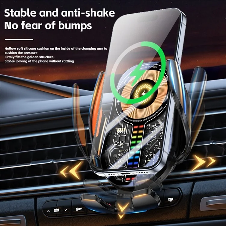 C28 Ambient Light Car Phone Mount Stand Wireless Charger Three-Axis Linkage Phone Holder - Schwarz
