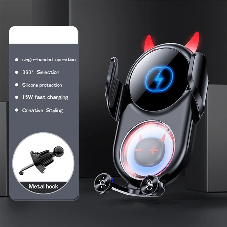 D1 15W Car Wireless Wireless Charger Devil Design Air Vent Mount Phone Holder Stand - Black