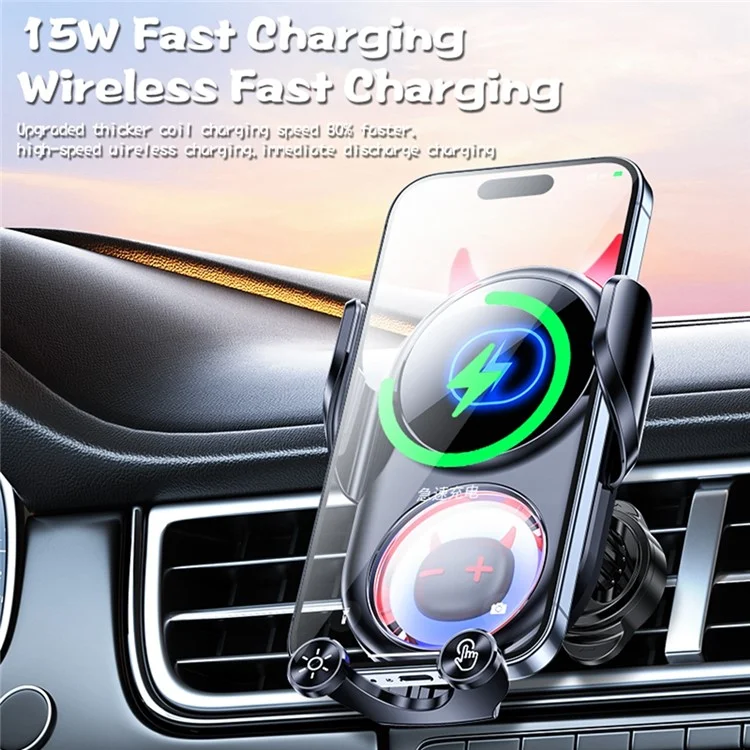 D1 15W Car Wireless Wireless Charger Devil Design Air Vent Mount Phone Holder Stand - Black