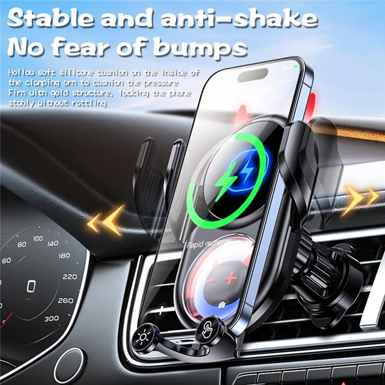 D1 15W Car Wireless Wireless Charger Devil Design Air Vent Mount Phone Holder Stand - Black