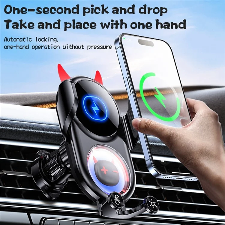 D1 15W Car Wireless Wireless Charger Devil Design Air Vent Mount Phone Holder Stand - Black