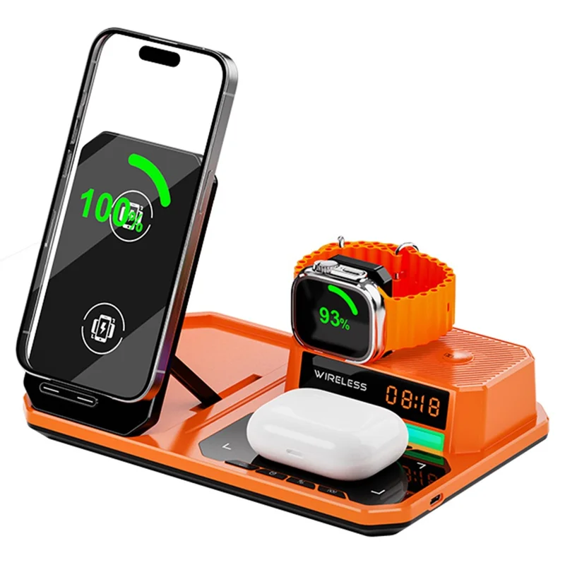 C18 6-in-1 Wireless Charger Digital Charging Station with Bluetooth-compatible Speaker RGB Light - Orange