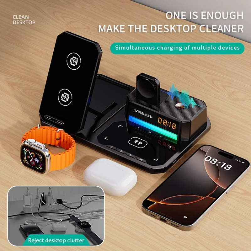 C18 6-in-1 Wireless Charger Digital Charging Station with Bluetooth-compatible Speaker RGB Light - Orange