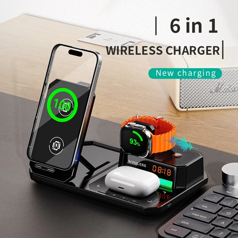 C18 6-in-1 Wireless Charger Digital Charging Station with Bluetooth-compatible Speaker RGB Light - Orange