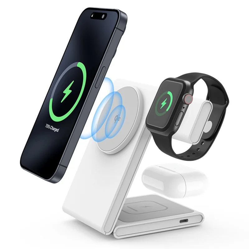 M5 Qi2 Certified Magnetic Wireless Charger 3-in-1 Foldable Charging Station for iPhone AirPods Apple Watch (CE / FCC / ROHS UKCA Certificate) - White