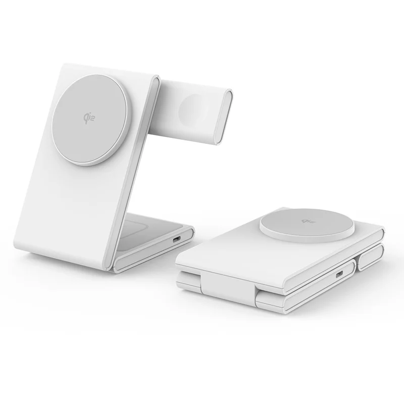 M5 Qi2 Certified Magnetic Wireless Charger 3-in-1 Foldable Charging Station for iPhone AirPods Apple Watch (CE / FCC / ROHS UKCA Certificate) - White