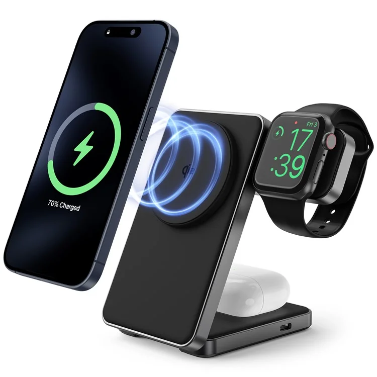 Acquisto all'ingrosso YF-M8 Qi2 Certified Telaio in lega di alluminio 3 in 1 Caricatore wireless pieghevole magnetico da 15W - Nero