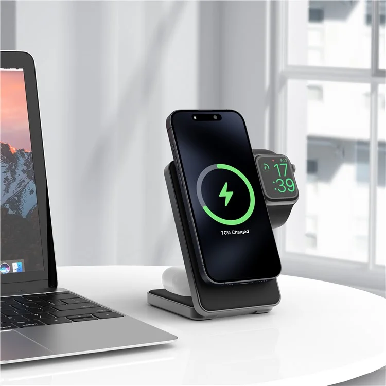 Acquisto all'ingrosso YF-M8 Qi2 Certified Telaio in lega di alluminio 3 in 1 Caricatore wireless pieghevole magnetico da 15W - Nero