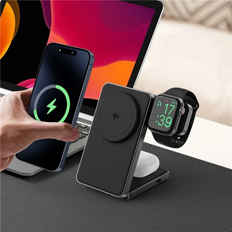Acquisto all'ingrosso YF-M8 Qi2 Certified Telaio in lega di alluminio 3 in 1 Caricatore wireless pieghevole magnetico da 15W - Nero