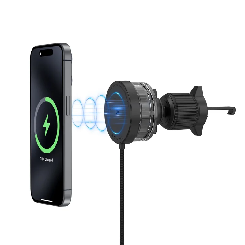 Caricatore wireless magnetico per auto con supporto per presa d'aria, certificato Qi2, 15W, con cavo da 1m per iPhone - Nero
