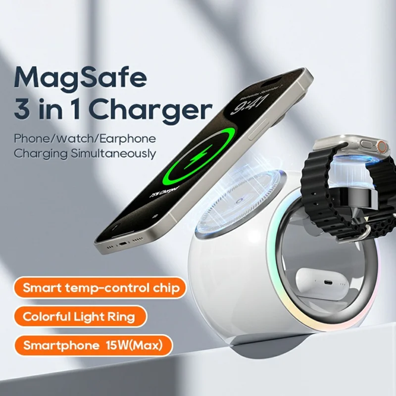 KL-CD70 Cápsula espacial colorida 3 em 1 carregador sem fio magnético para telefone, fones de ouvido e relógio - Azul