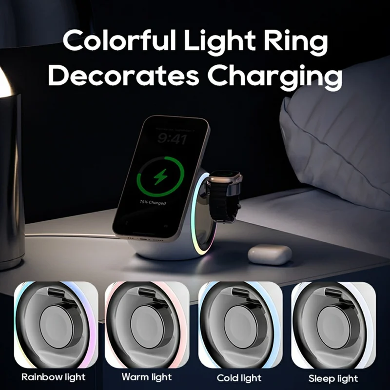 KL-CD70 Cápsula espacial colorida 3 em 1 carregador sem fio magnético para telefone, fones de ouvido e relógio - Azul