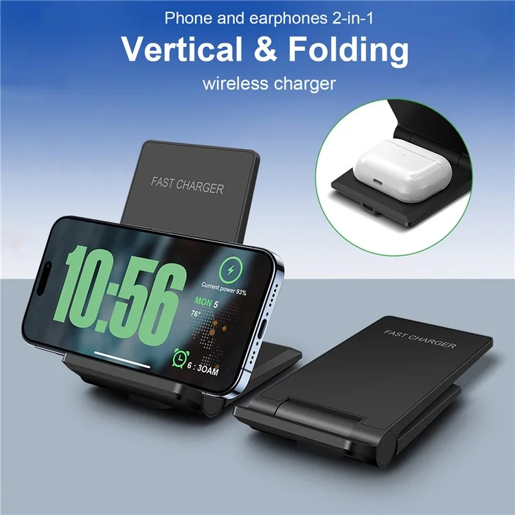 B716 2-in-1 15W Max Wireless Charger for Phone and Earphones Foldable Charging Stand - Black