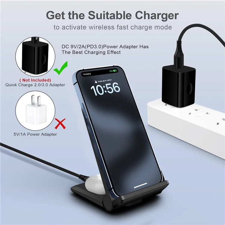 B716 2-in-1 15W Max Wireless Charger for Phone and Earphones Foldable Charging Stand - Black