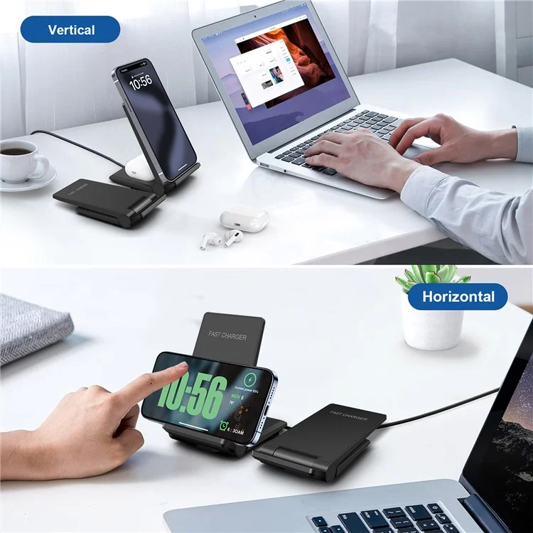 B716 2-in-1 15W Max Wireless Charger for Phone and Earphones Foldable Charging Stand - Black