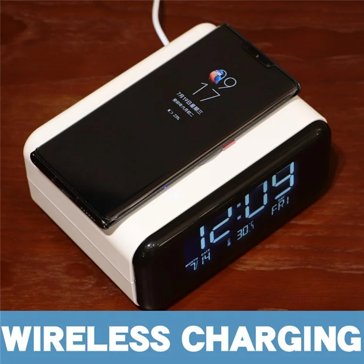 Night Lights Bluetooth-compatible Speaker with 15W Wireless Charging, Large Display Alarm Clock - Blue