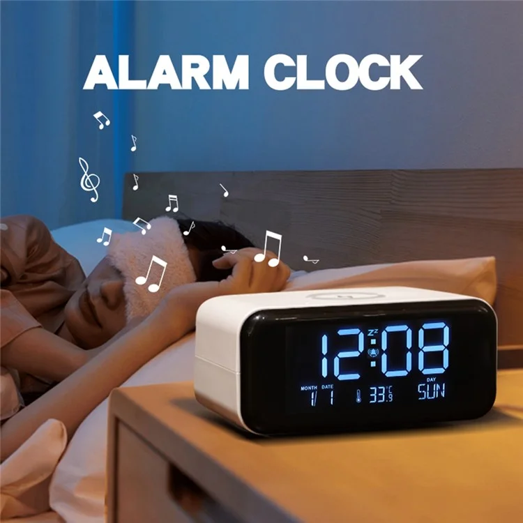 Night Lights Bluetooth-compatible Speaker with 15W Wireless Charging, Large Display Alarm Clock - Blue