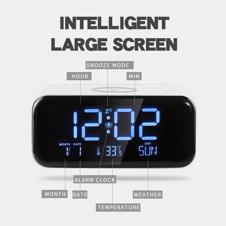 Night Lights Bluetooth-compatible Speaker with 15W Wireless Charging, Large Display Alarm Clock - Blue