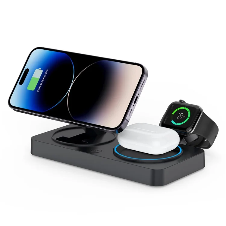 Y388 Support de charge pliable 3-en-1 pour téléphone, montre et écouteurs, chargeur sans fil magnétique avec veilleuse - Noir