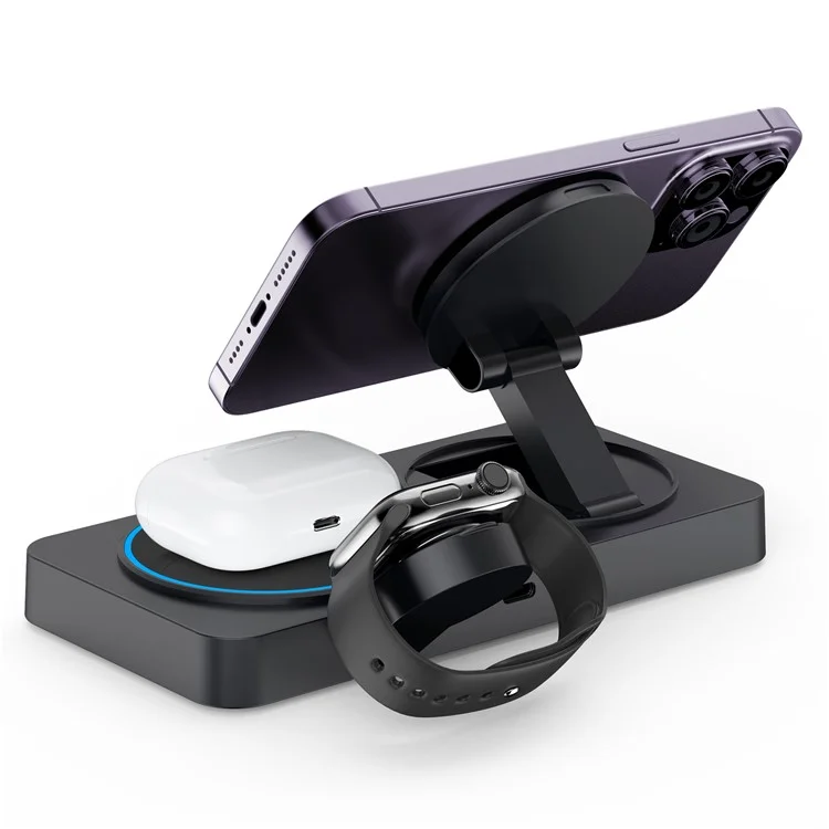 Y388 Support de charge pliable 3-en-1 pour téléphone, montre et écouteurs, chargeur sans fil magnétique avec veilleuse - Noir