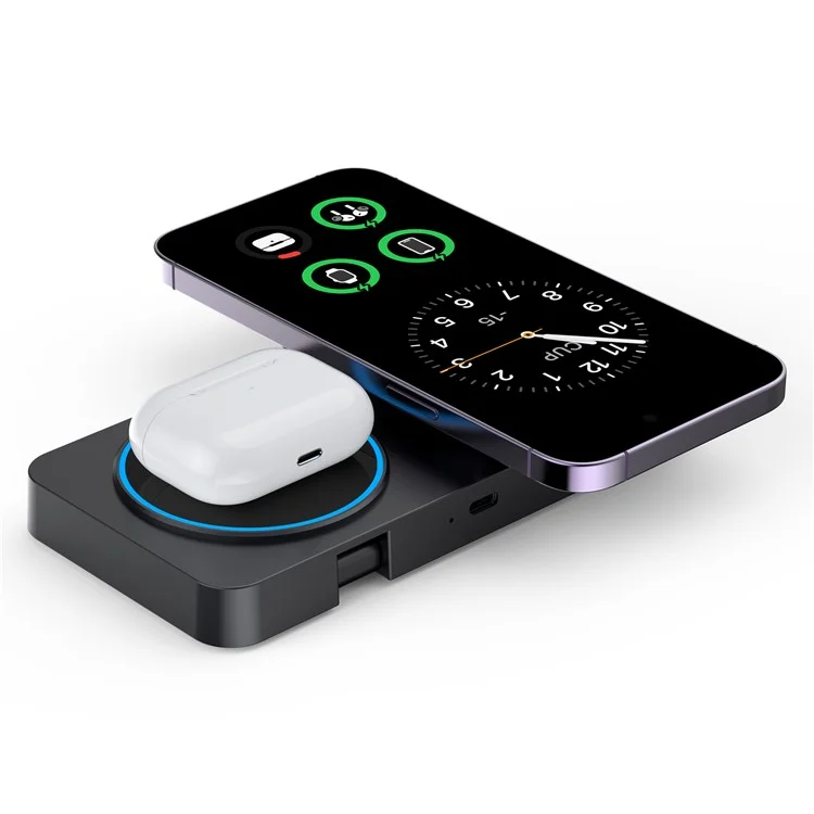 Y388 Support de charge pliable 3-en-1 pour téléphone, montre et écouteurs, chargeur sans fil magnétique avec veilleuse - Noir