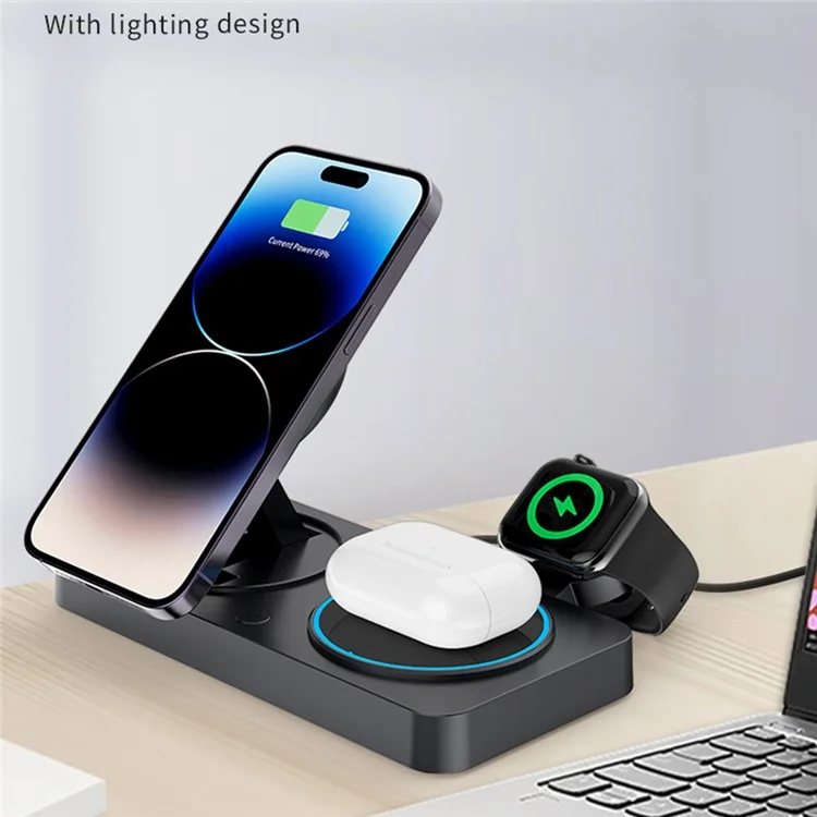 Y388 Support de charge pliable 3-en-1 pour téléphone, montre et écouteurs, chargeur sans fil magnétique avec veilleuse - Noir