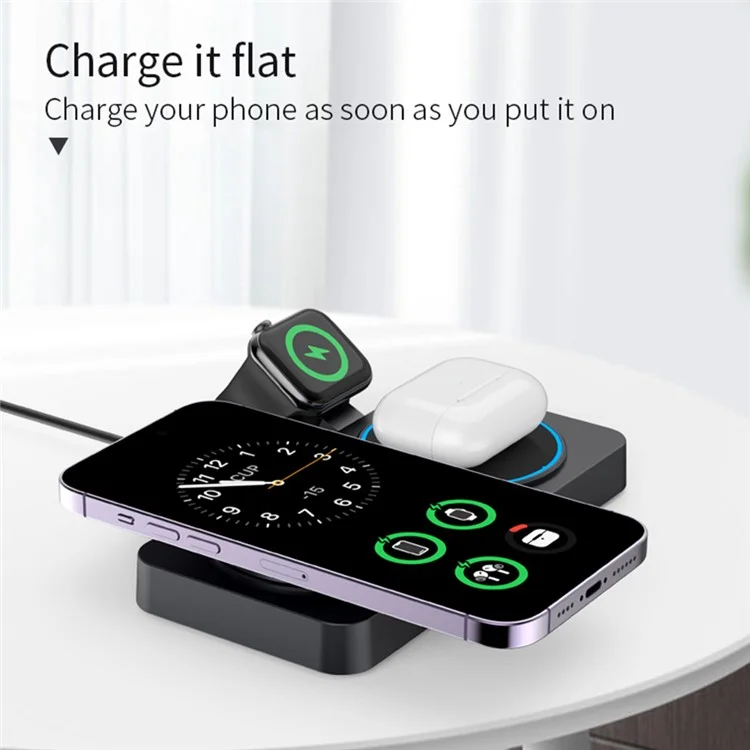 Y388 Support de charge pliable 3-en-1 pour téléphone, montre et écouteurs, chargeur sans fil magnétique avec veilleuse - Noir