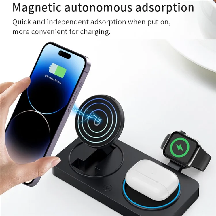Y388 Support de charge pliable 3-en-1 pour téléphone, montre et écouteurs, chargeur sans fil magnétique avec veilleuse - Noir