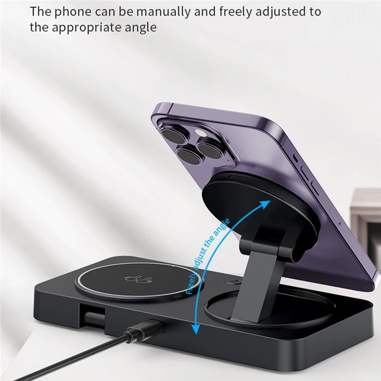 Y388 Support de charge pliable 3-en-1 pour téléphone, montre et écouteurs, chargeur sans fil magnétique avec veilleuse - Noir