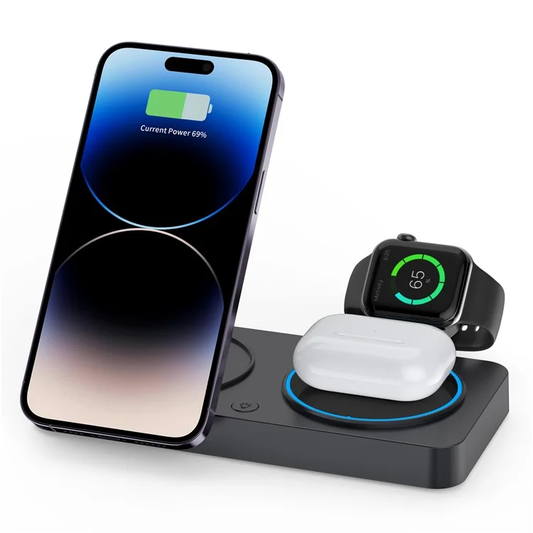 Y388 Support de charge pliable 3-en-1 pour téléphone, montre et écouteurs, chargeur sans fil magnétique avec veilleuse - Noir