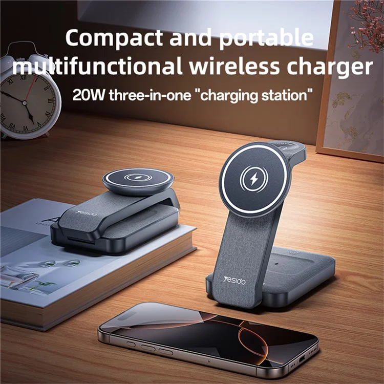 Soporte de carga plegable YESIDO DS26 con luz nocturna, carga inalámbrica magnética para teléfono, reloj y auriculares