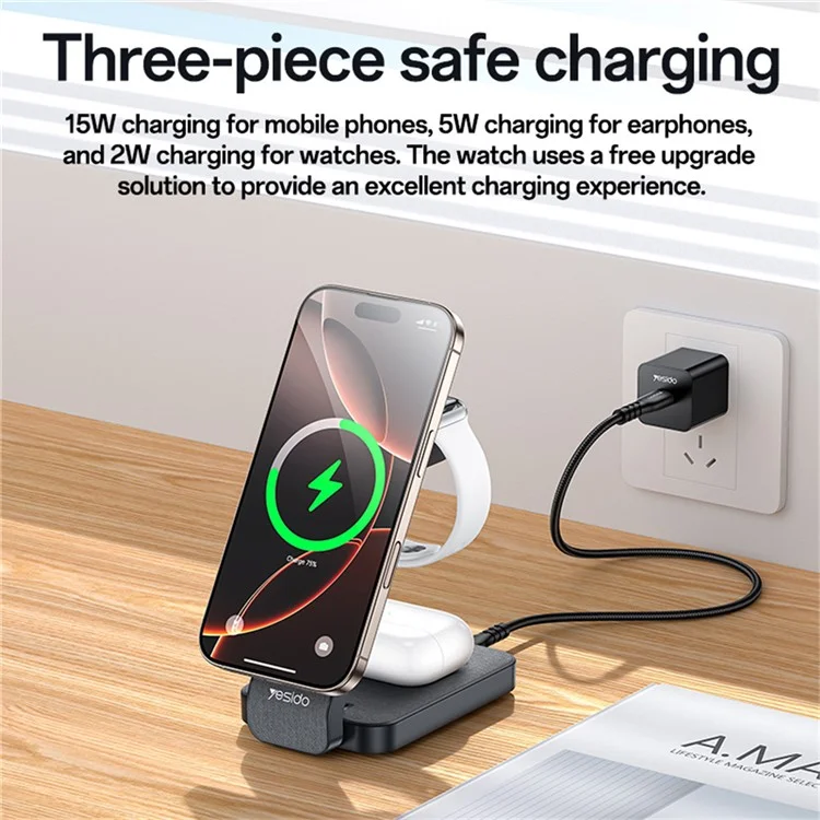 Soporte de carga plegable YESIDO DS26 con luz nocturna, carga inalámbrica magnética para teléfono, reloj y auriculares