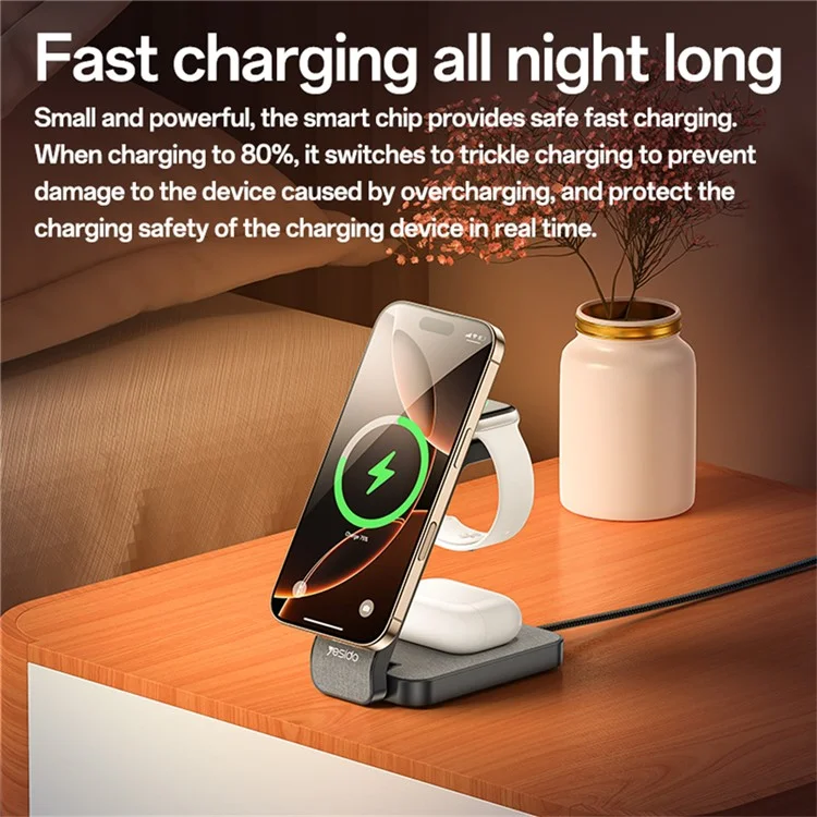 Soporte de carga plegable YESIDO DS26 con luz nocturna, carga inalámbrica magnética para teléfono, reloj y auriculares