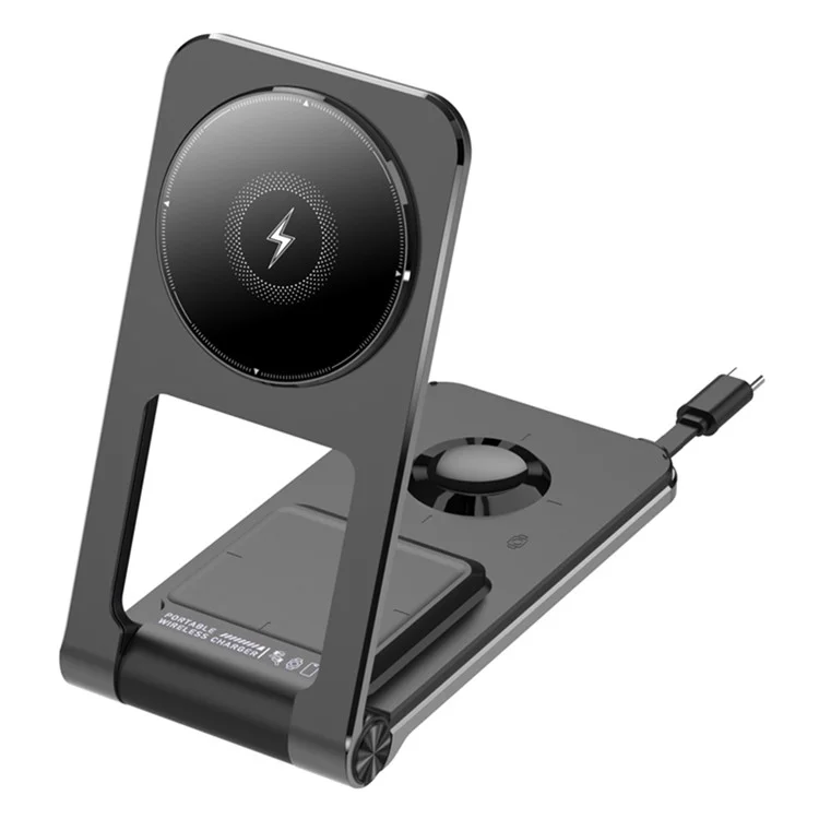 M2 faltbarer 3-in-1 Smartphone-Ständer mit magnetischem kabellosen Ladegerät und integriertem USB-C-Kabel für 15W Schnellladung - Schwarz