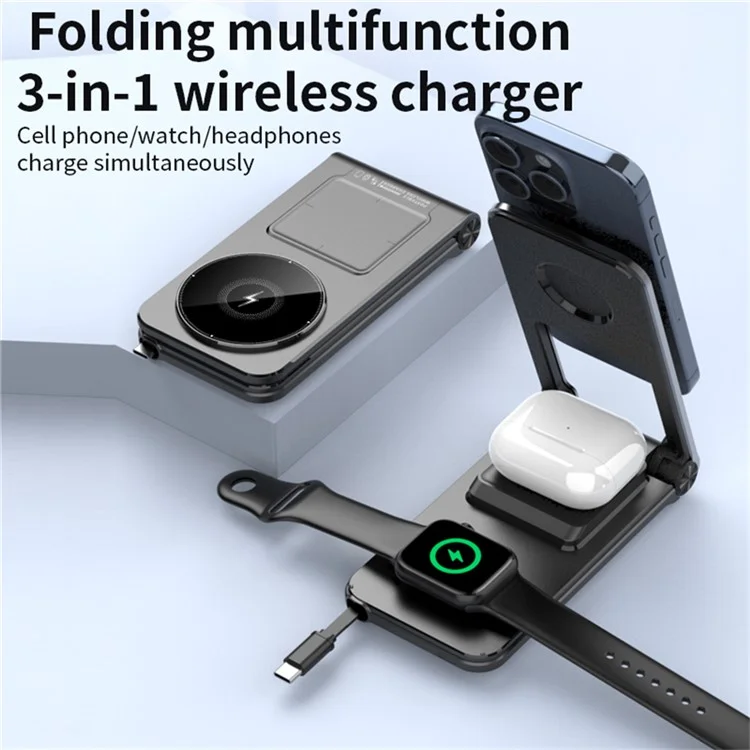 M2 faltbarer 3-in-1 Smartphone-Ständer mit magnetischem kabellosen Ladegerät und integriertem USB-C-Kabel für 15W Schnellladung - Schwarz