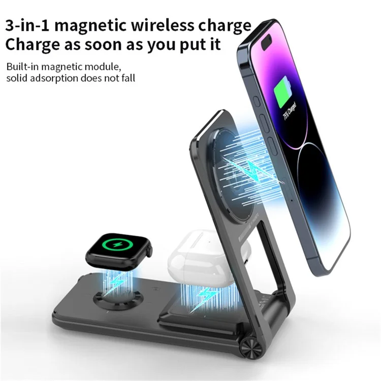 M2 faltbarer 3-in-1 Smartphone-Ständer mit magnetischem kabellosen Ladegerät und integriertem USB-C-Kabel für 15W Schnellladung - Schwarz