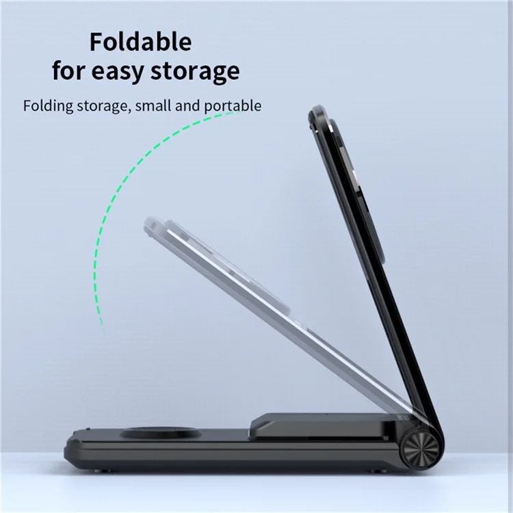 M2 faltbarer 3-in-1 Smartphone-Ständer mit magnetischem kabellosen Ladegerät und integriertem USB-C-Kabel für 15W Schnellladung - Schwarz