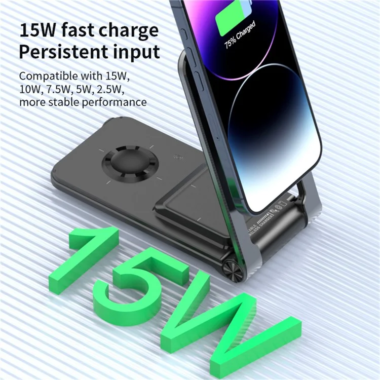 M2 faltbarer 3-in-1 Smartphone-Ständer mit magnetischem kabellosen Ladegerät und integriertem USB-C-Kabel für 15W Schnellladung - Schwarz
