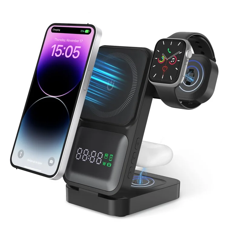 S1 3-in-1 Wireless Magnetic Charging Station Phone Watch Earphone Charging Stand with LED Display - Black