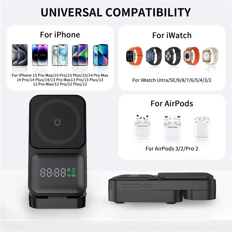 S1 3-in-1 Wireless Magnetic Charging Station Phone Watch Earphone Charging Stand with LED Display - Black