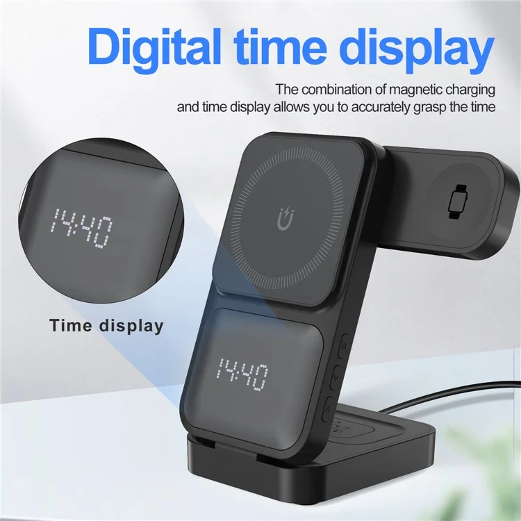 S1 3-in-1 Wireless Magnetic Charging Station Phone Watch Earphone Charging Stand with LED Display - Black