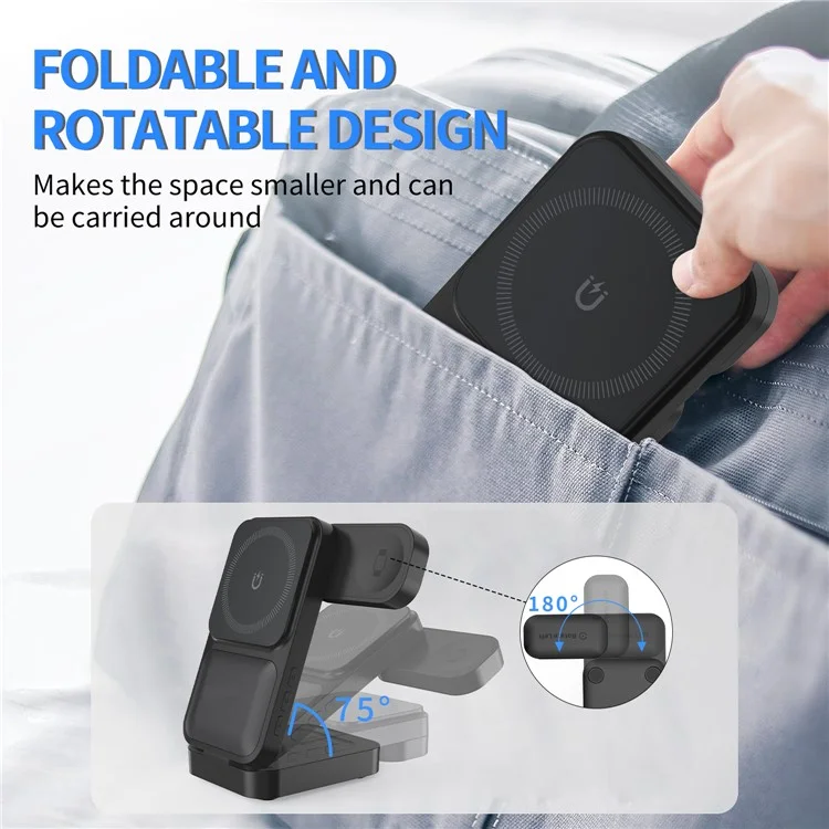 S1 3-in-1 Wireless Magnetic Charging Station Phone Watch Earphone Charging Stand with LED Display - Black