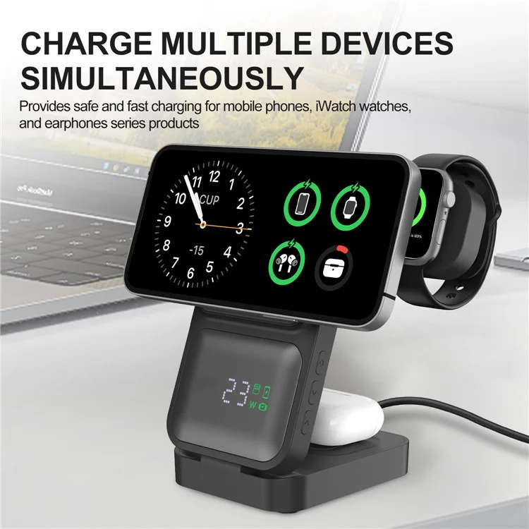 S1 3-in-1 Wireless Magnetic Charging Station Phone Watch Earphone Charging Stand with LED Display - Black