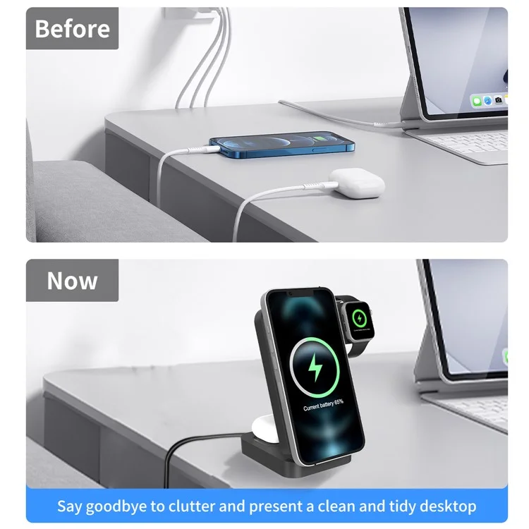 S1 3-in-1 Wireless Magnetic Charging Station Phone Watch Earphone Charging Stand with LED Display - Black