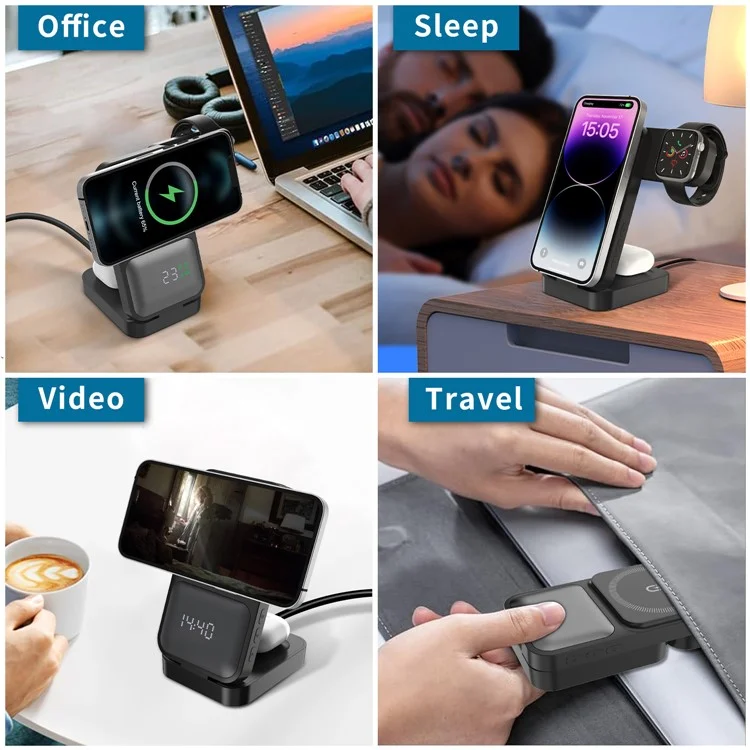 S1 3-in-1 Wireless Magnetic Charging Station Phone Watch Earphone Charging Stand with LED Display - Black