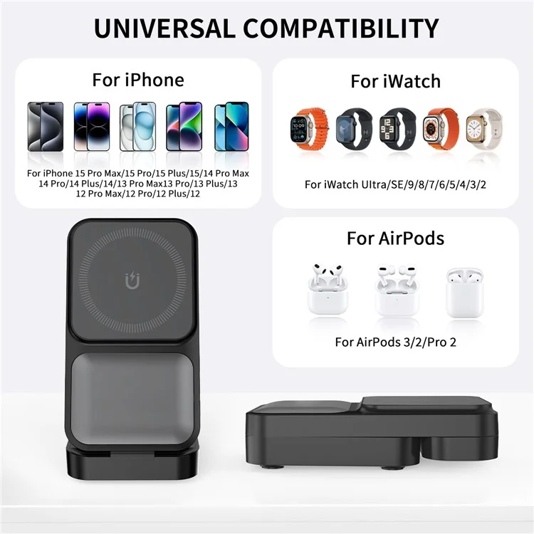 S1 Estación de carga magnética inalámbrica 3 en 1 para teléfono, reloj y auriculares - Negro