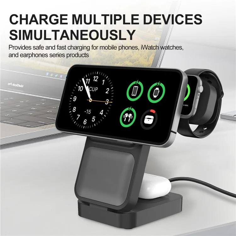 S1 Estación de carga magnética inalámbrica 3 en 1 para teléfono, reloj y auriculares - Negro