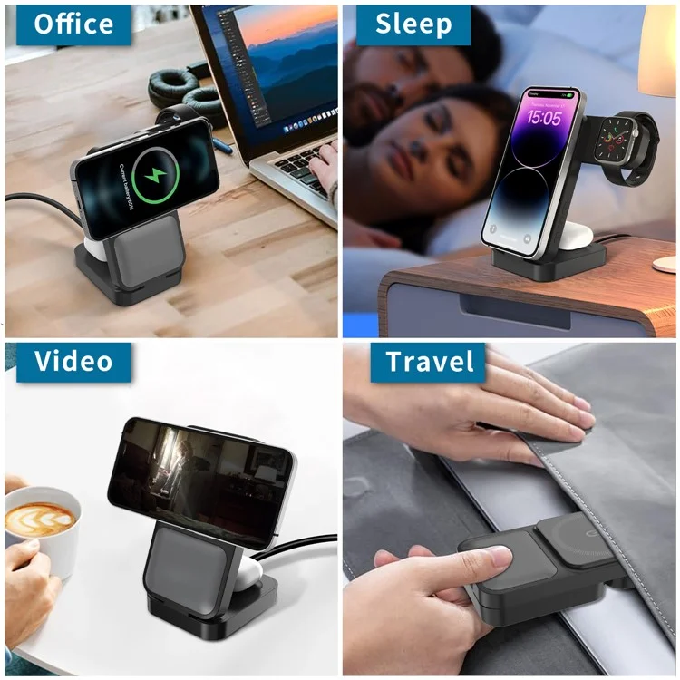 S1 Estación de carga magnética inalámbrica 3 en 1 para teléfono, reloj y auriculares - Negro