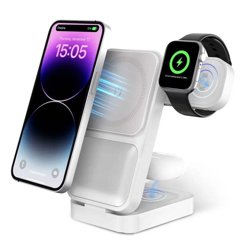 S1 3-in-1 Wireless Magnetic Charging Station Phone Watch Earphone Charging Stand - White