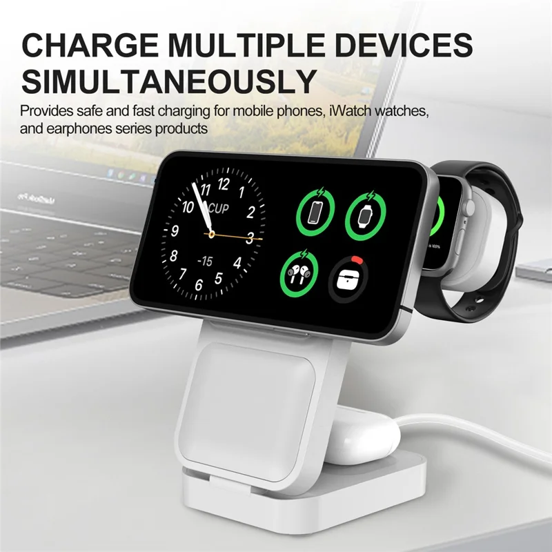 S1 3-in-1 Wireless Magnetic Charging Station Phone Watch Earphone Charging Stand - White